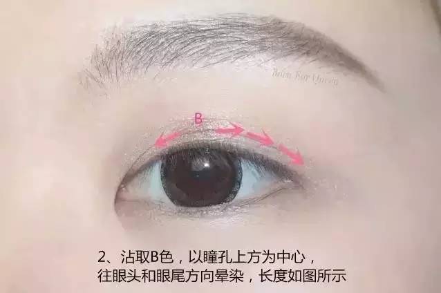 沾取B色，以瞳孔上方为中心，往眼头和眼尾方向晕染，长度如图所示
